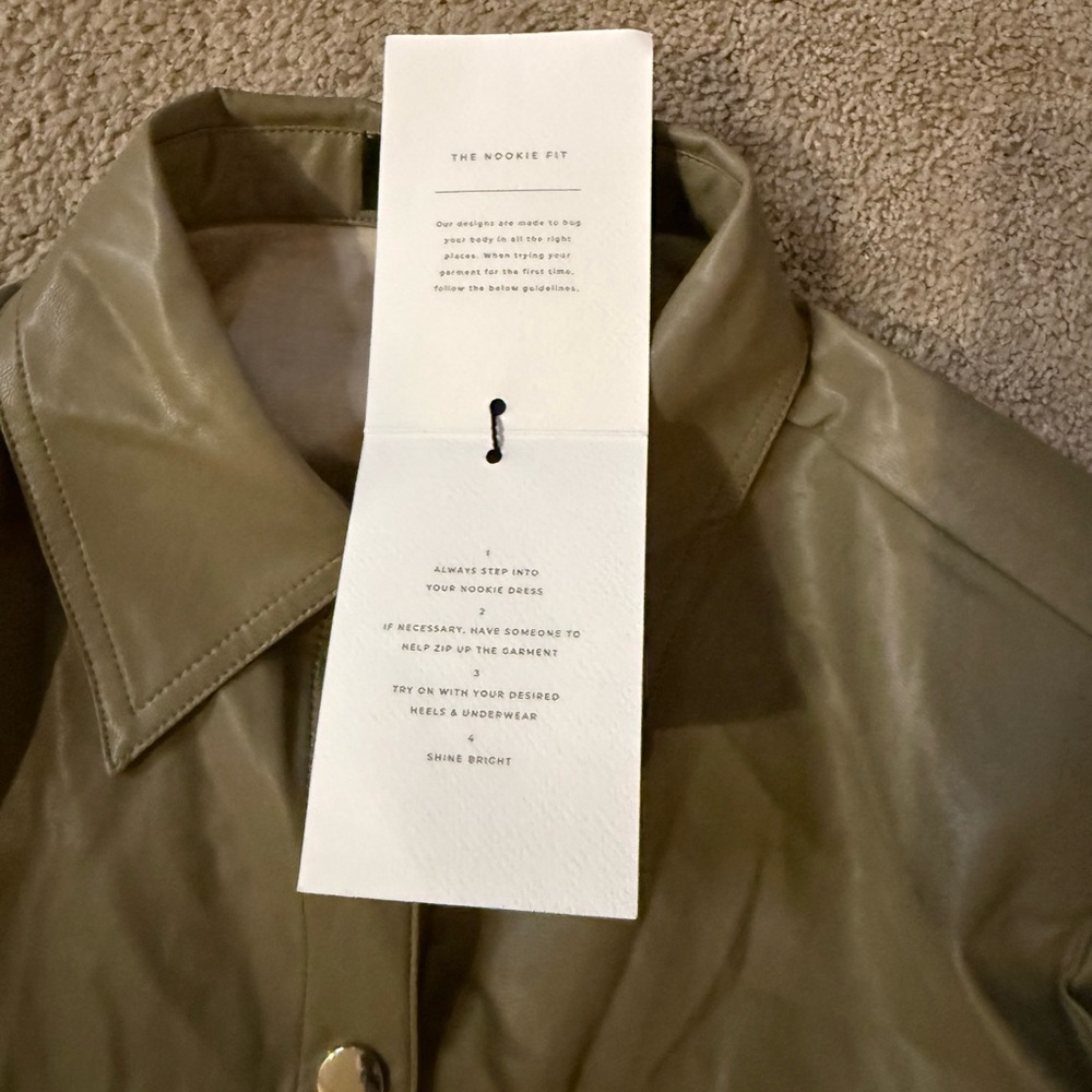 Nookie Off Duty Shirt Dress Khaki Faux Leather Mini Tie Waist Long Sleeve Small - Picture 7 of 7
